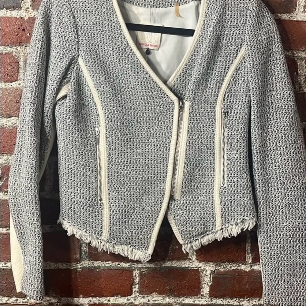 Rebecca Taylor Light Gray Tweed Zip-Front Blazer with Cream Trim